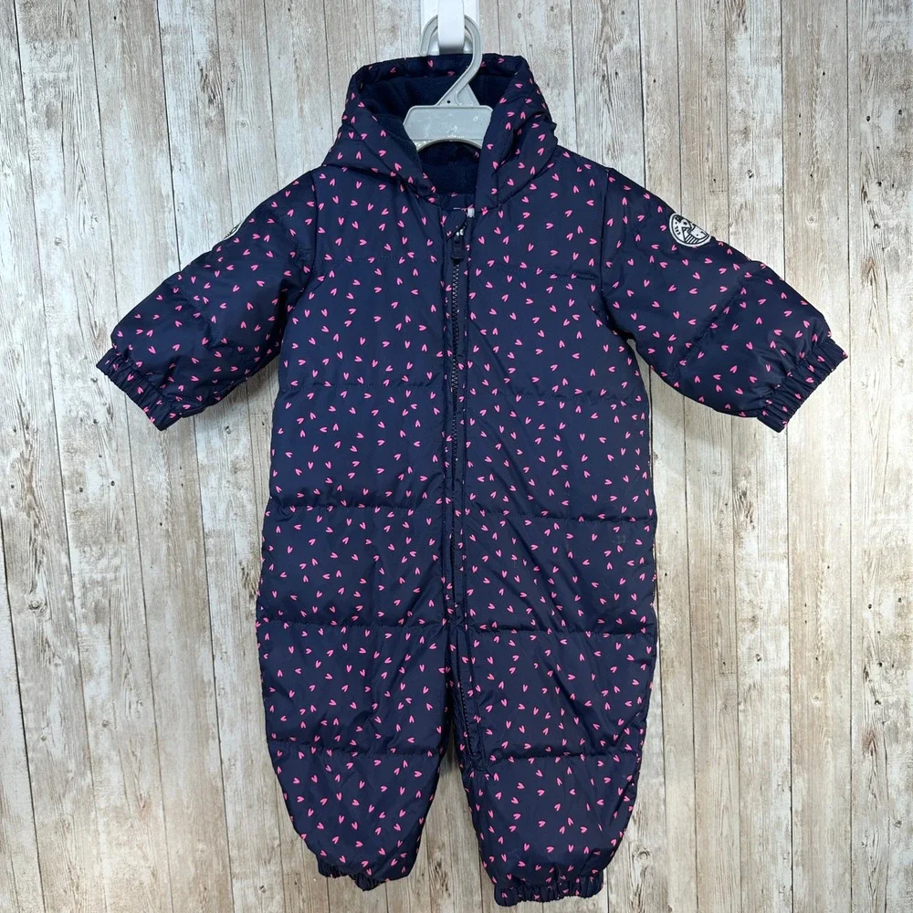 Baby Gap Puffer One‎ Piece Snowsuit Pram Suit Navy Pink Hearts Size 6- 12 Months